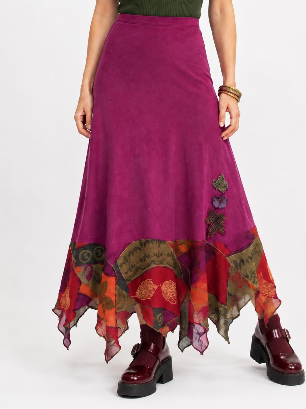 Vintage Nancy Bolen City Girl Silk Handkerchief Maxi Skirt Magenta Appliqué Sz 8